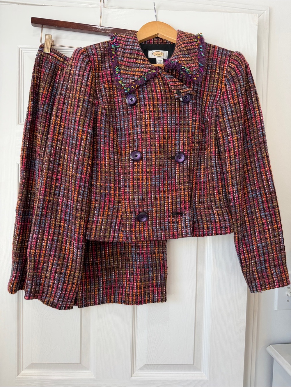 Talbots Multicolor Tweed Cropped Double-Breasted Jacket